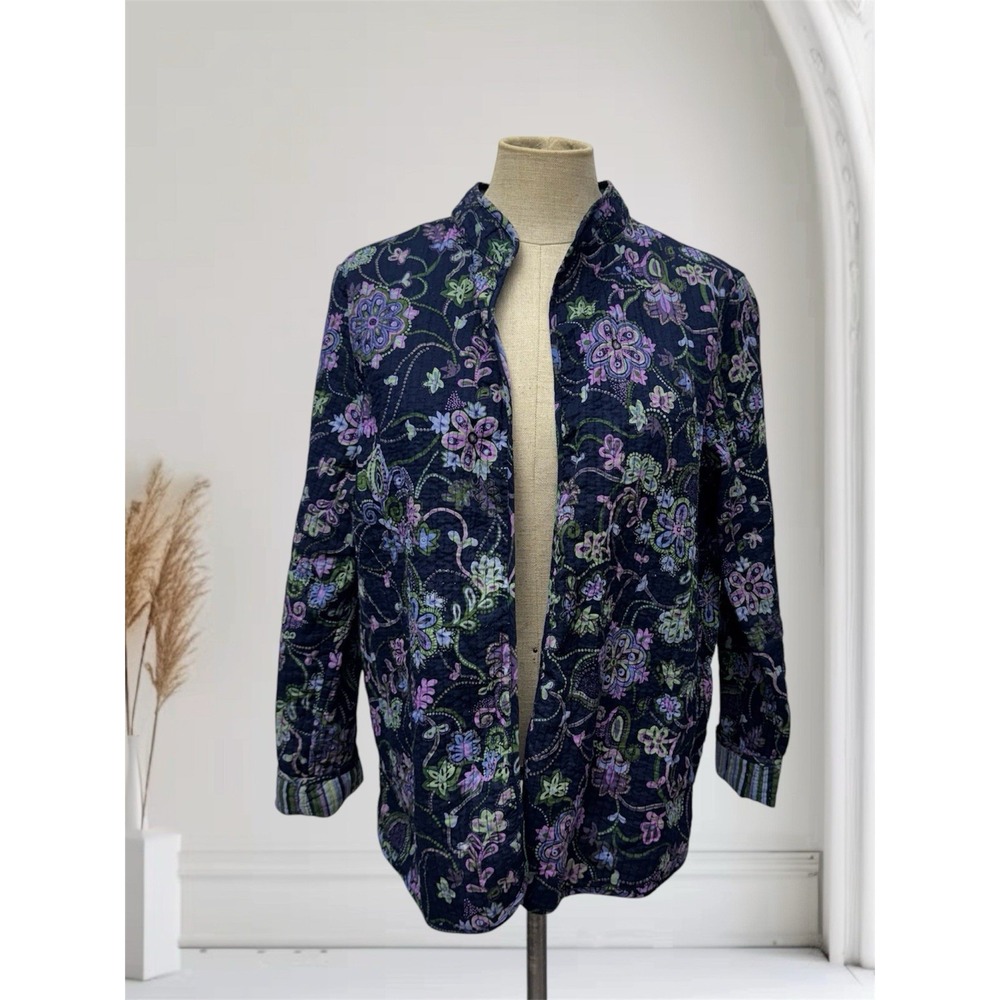 Rebecca Malone Women Petite L‎ Purple Blue Paisley Quilted Cardigan Coat Cottage